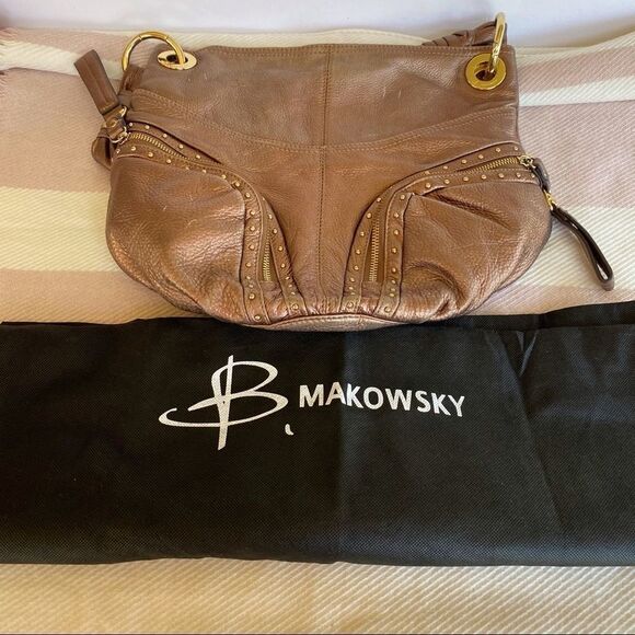 B Makowski Metallic Bronze Leather Handbag - Picture 1 of 13